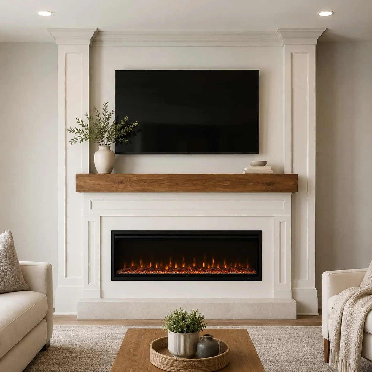 Classic electric fireplace media wall with painted trim surround, wood mantel, wall-mounted TV, and linear fireplace.
