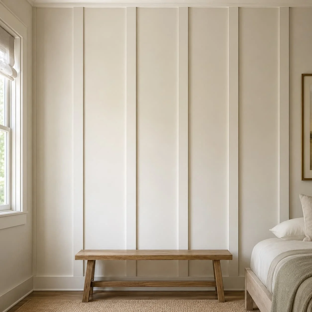 Full-height board and batten accent wall with tall vertical trim details, soft neutral paint, and a simple wood bench.