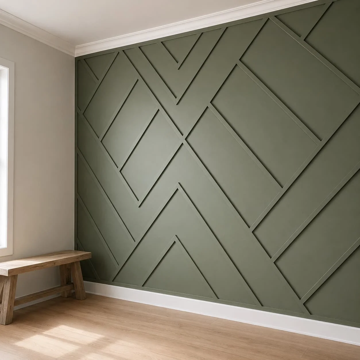 Modern green geometric accent wall with angled trim pattern, clean wall frame, light wood flooring, and a bright neutral room.