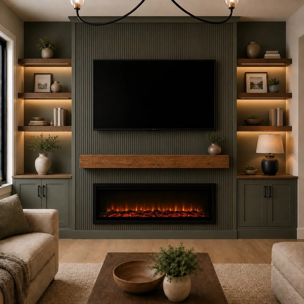 Custom built-in media wall with lower cabinets, open shelves, warm LED shelf lighting, wall-mounted TV, and balanced storage layout.
