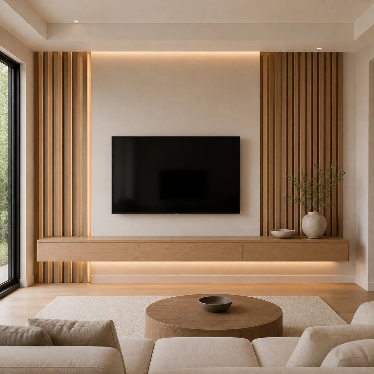 Premium wood slat media wall with natural vertical wood slats, warm LED lighting, a centered wall-mounted TV, and a floating console.