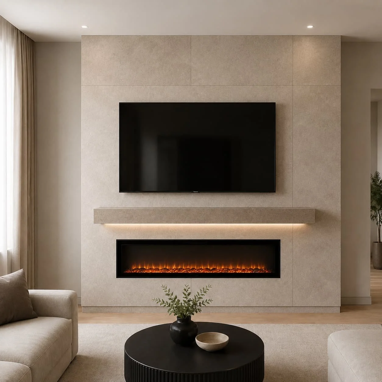 Decorative panel fireplace media wall with textured wall panels, side accent panels, warm integrated lighting, TV, and linear fireplace.