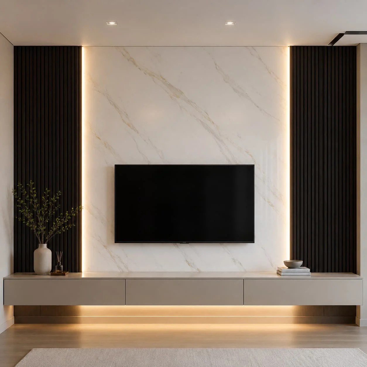 Marble-look TV wall with a centered wall-mounted TV, stone-look feature panel, soft LED backlighting, and a floating console.