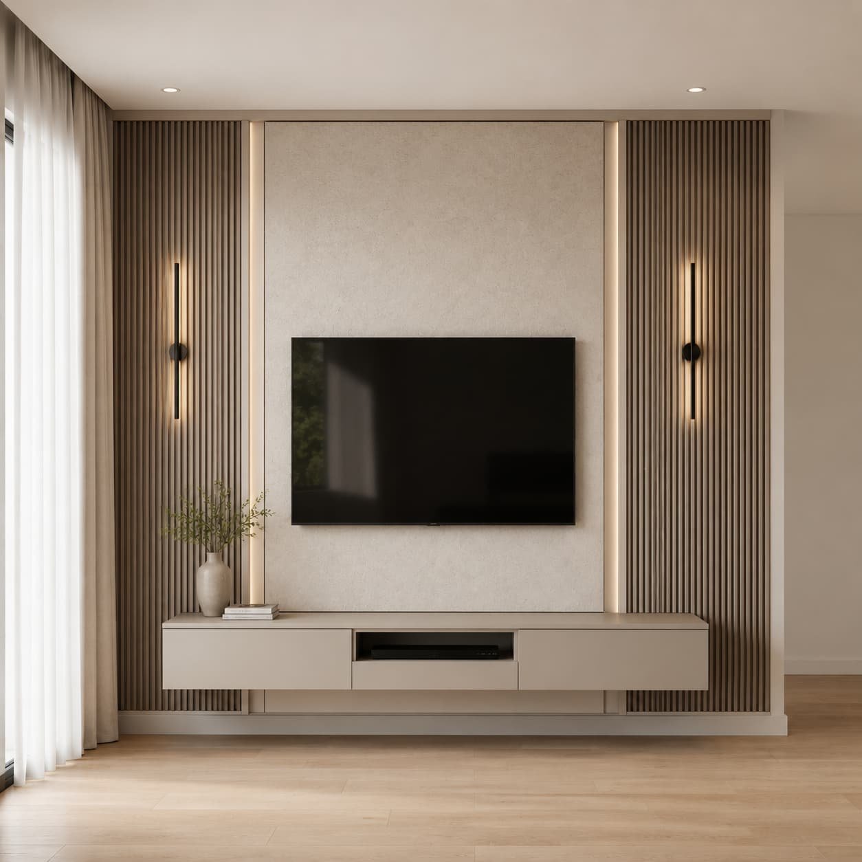 Decorative panel TV wall with fluted side panels, subtle accent lighting, a centered wall-mounted TV, and a floating media console.