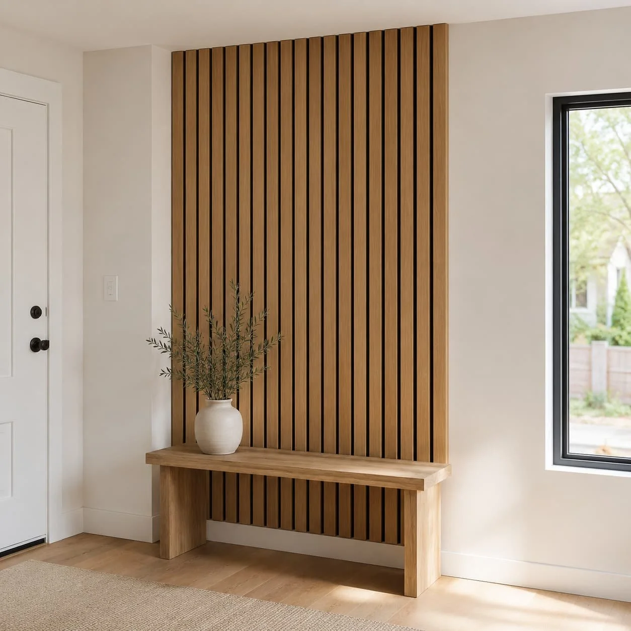 Small wood slat accent wall in a modern entryway with natural wood slats, a simple bench, and a clean neutral interior.