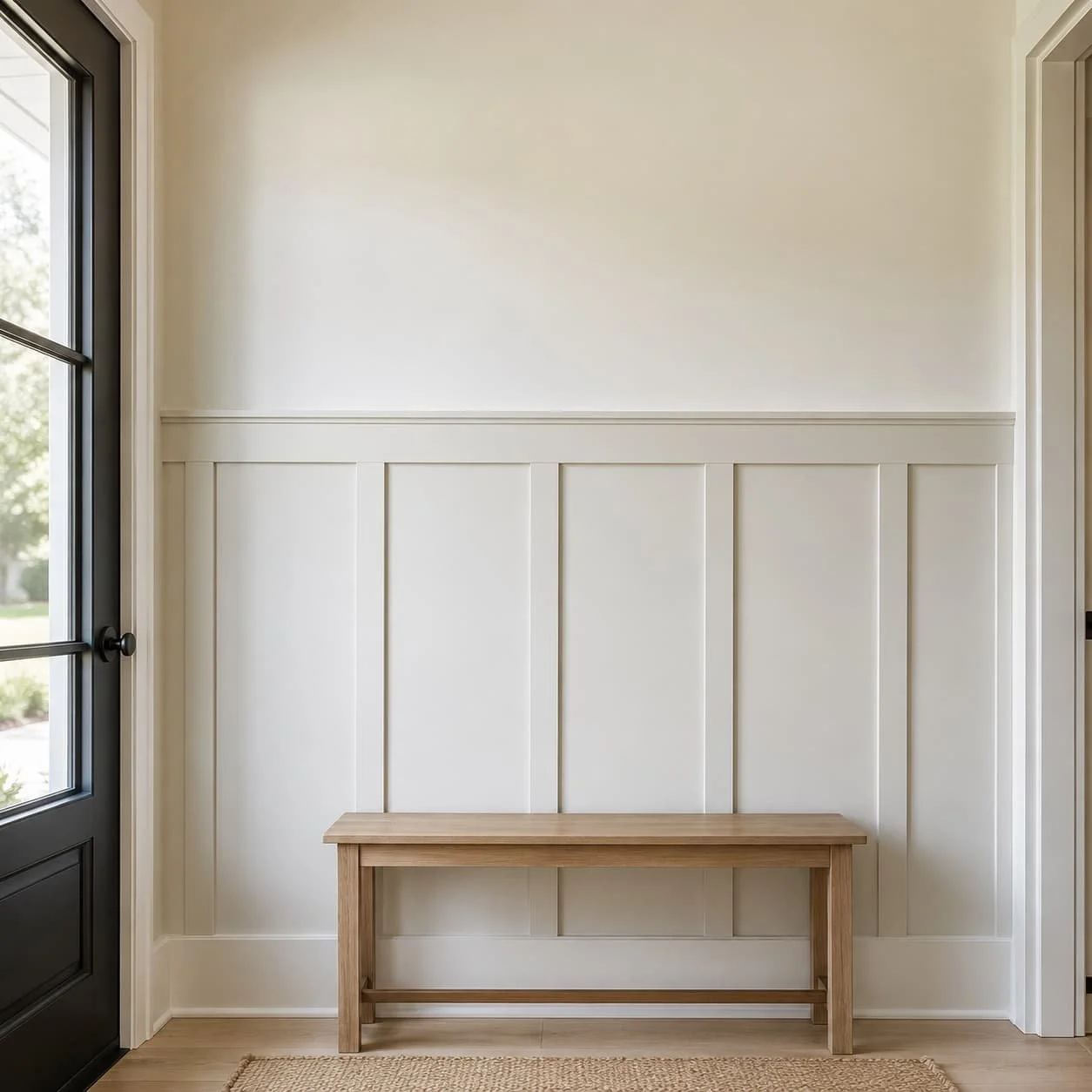 Half-height board and batten accent wall with vertical battens, a top rail, soft neutral paint, and a simple wood bench.