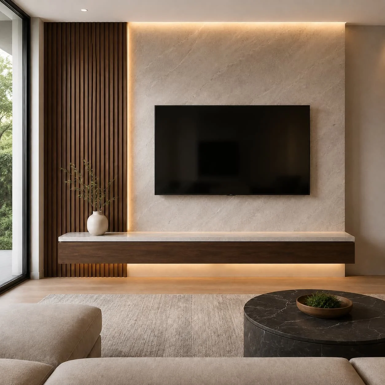 Premium mixed-material media wall with a wall-mounted TV, textured stone-look panel, wood slat accents, integrated lighting, and floating console.