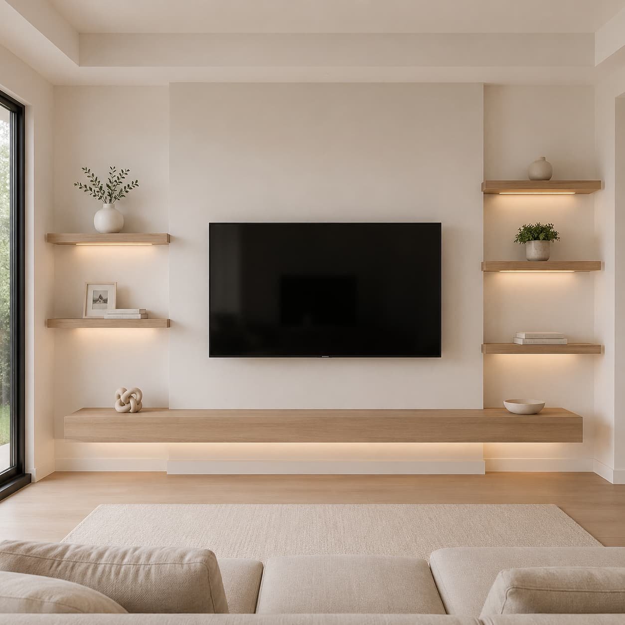 Custom floating shelves media wall with a centered wall-mounted TV, light wood shelves, subtle LED shelf lighting, and a floating console.