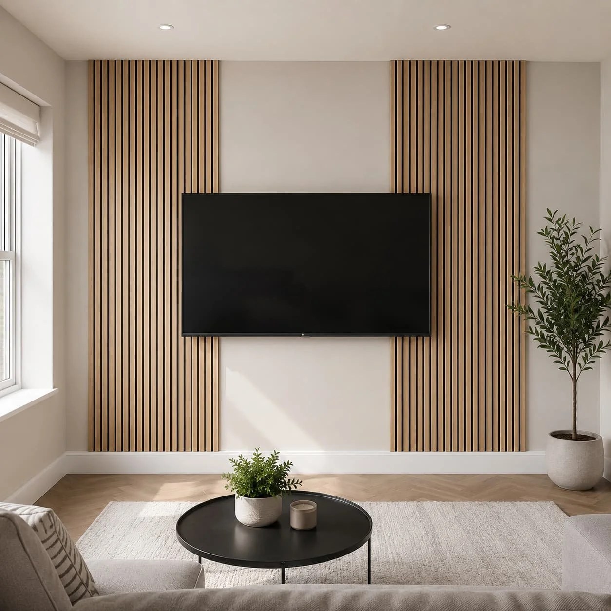 TV feature wall with acoustic slat panels, a centered wall-mounted TV, light neutral walls, and a simple modern living room design.