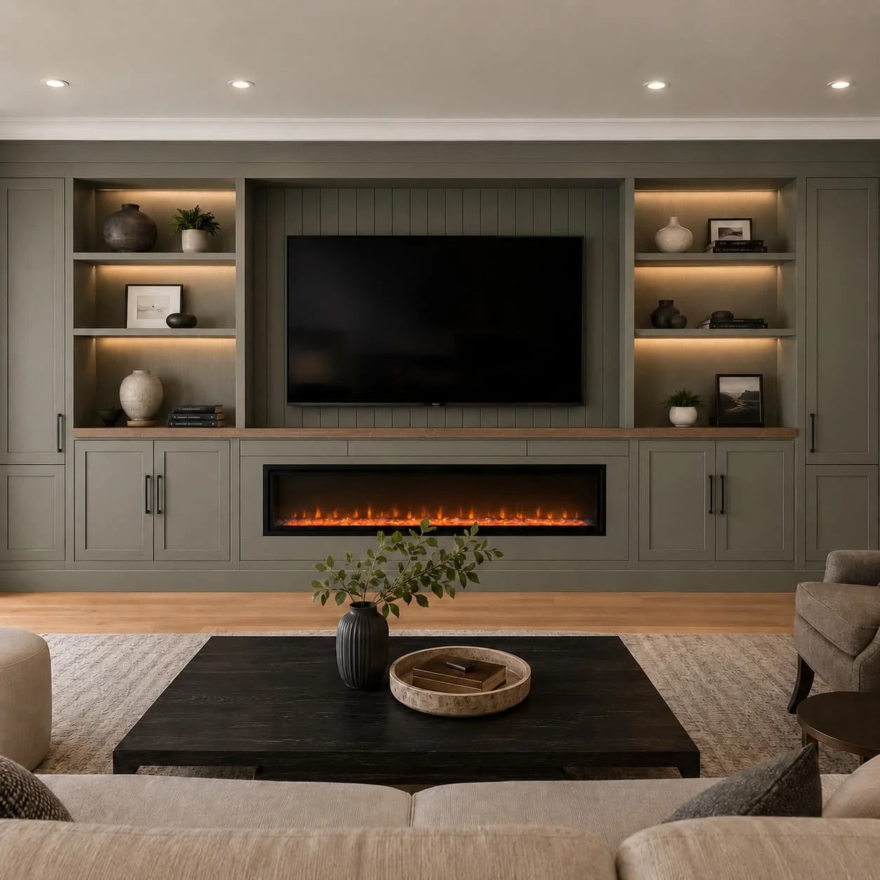 Full wall custom built-in media wall with cabinets, open shelving, warm integrated lighting, TV area, electric fireplace, and crown molding detail.