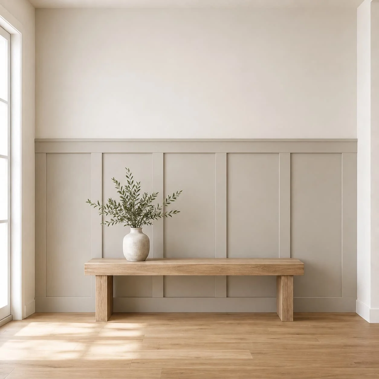 Half-height board and batten accent wall with a top rail, vertical battens, light neutral paint, and a simple wood bench.
