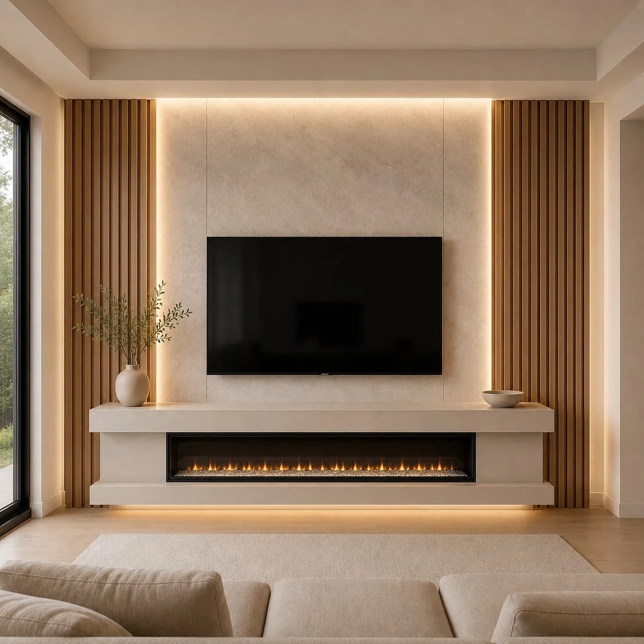 Modern fireplace and slat media wall with a wall-mounted TV, linear electric fireplace, textured center panel, wood slat accents, and warm lighting.