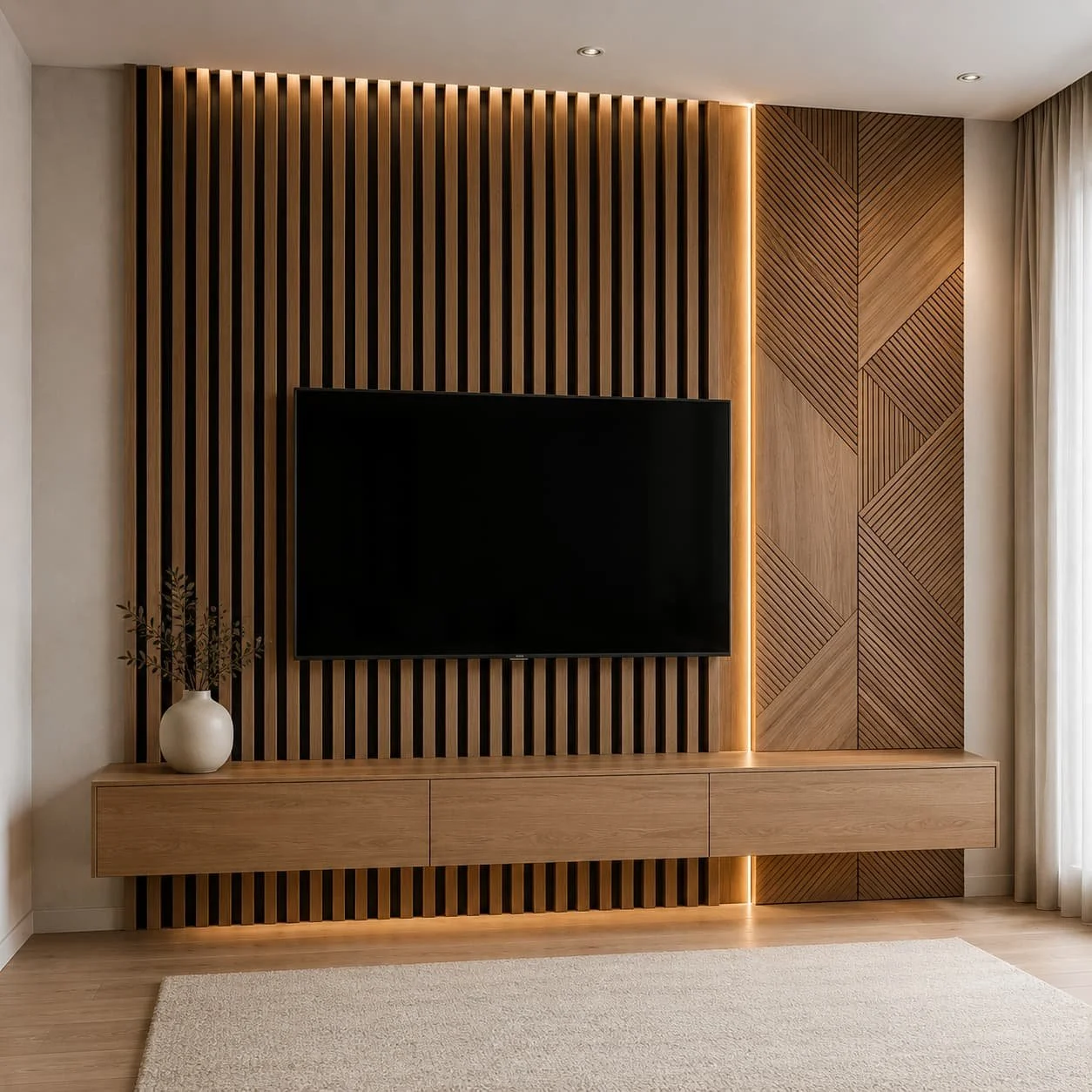 Custom wood slat TV wall with natural vertical wood slats, warm integrated lighting, a centered TV, and a floating media console.