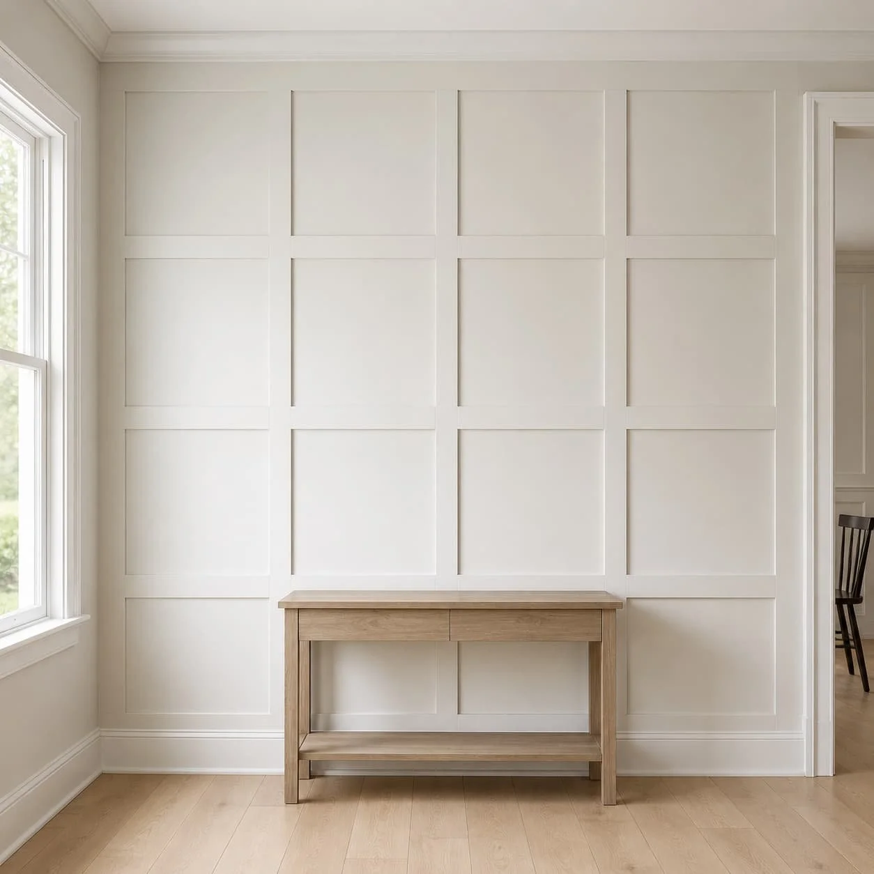 Grid board and batten accent wall with a clean rectangular panel layout, soft neutral paint, and a light wood console table.