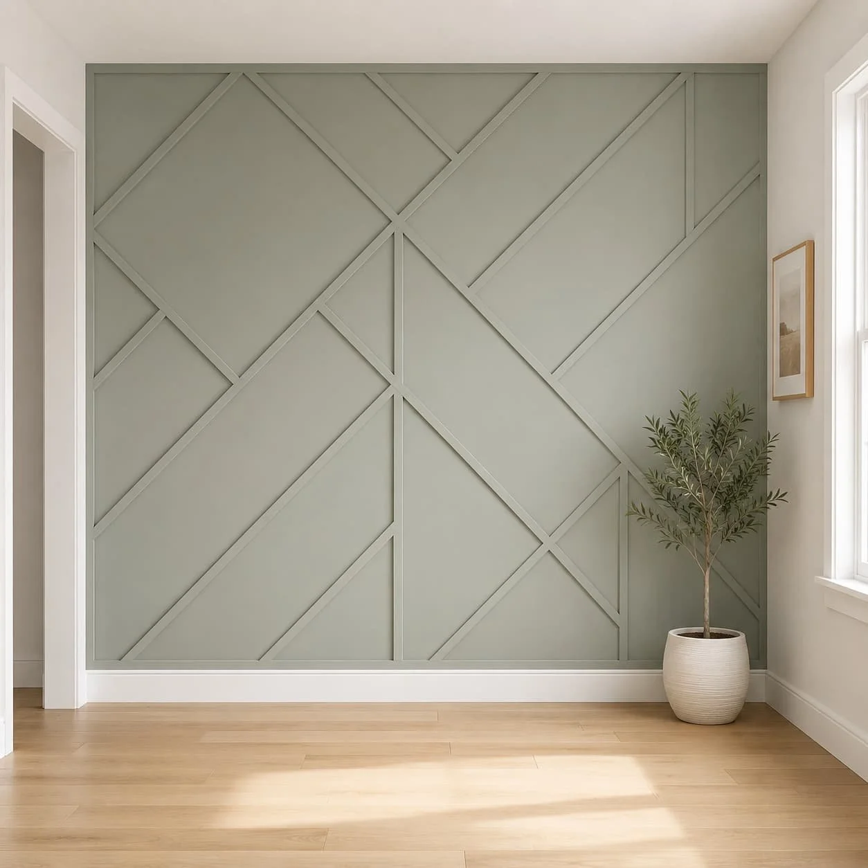 Modern geometric accent wall with angled trim patterns, soft sage green paint, and a clean minimalist room design.