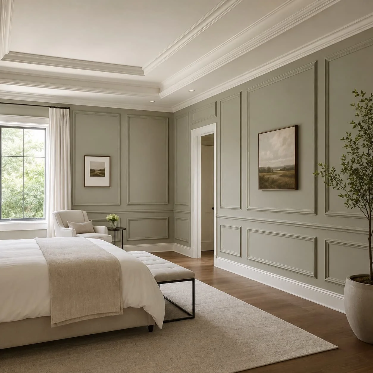 Full room wall molding with decorative picture-frame trim, soft olive painted walls, crown molding, and an elegant bedroom interior.