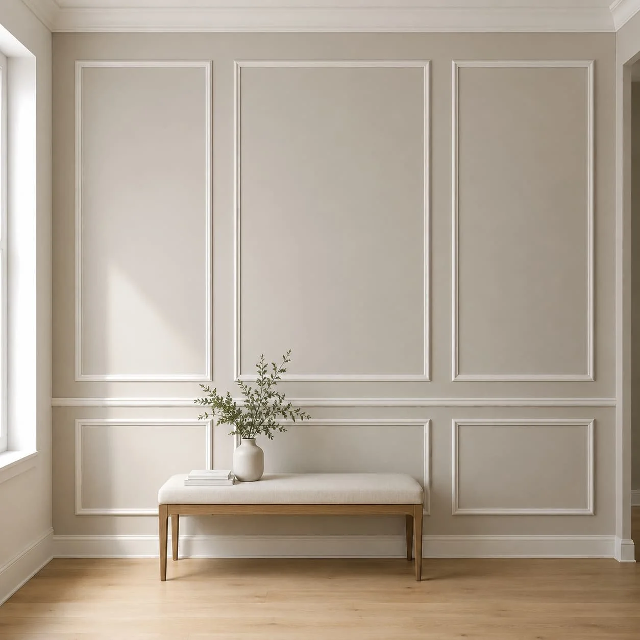 Picture frame molding accent wall with classic wall trim, soft neutral paint, natural light, and a simple entryway bench.