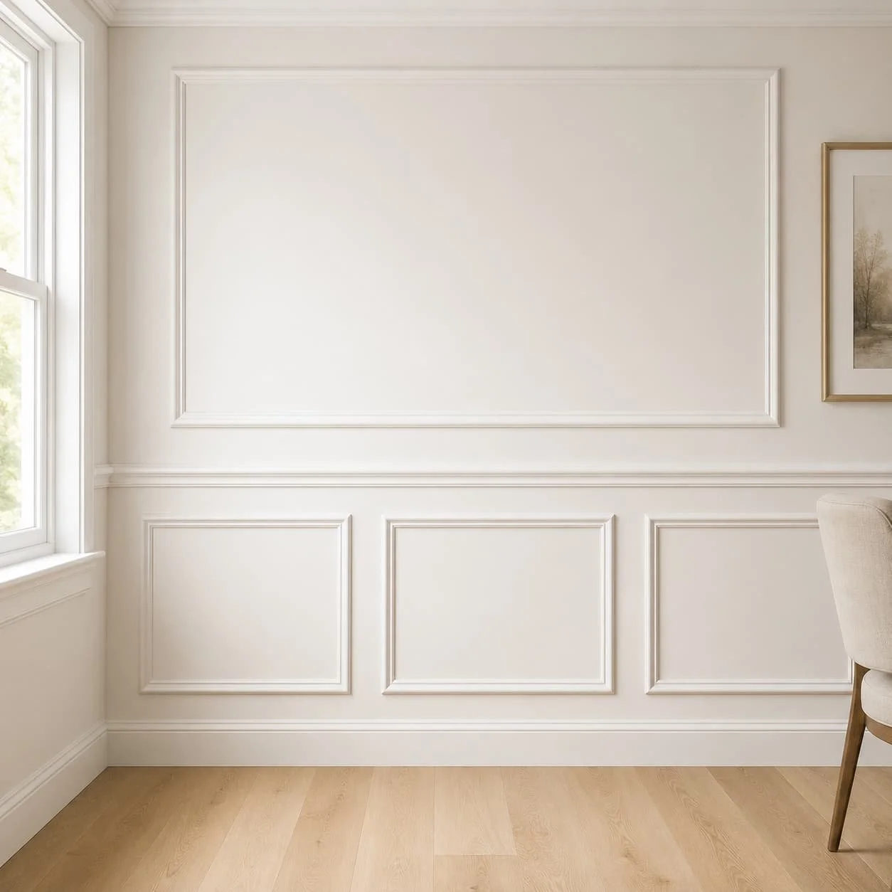 Classic wall molding and wainscoting with picture-frame trim, chair rail detail, and a soft neutral painted finish.