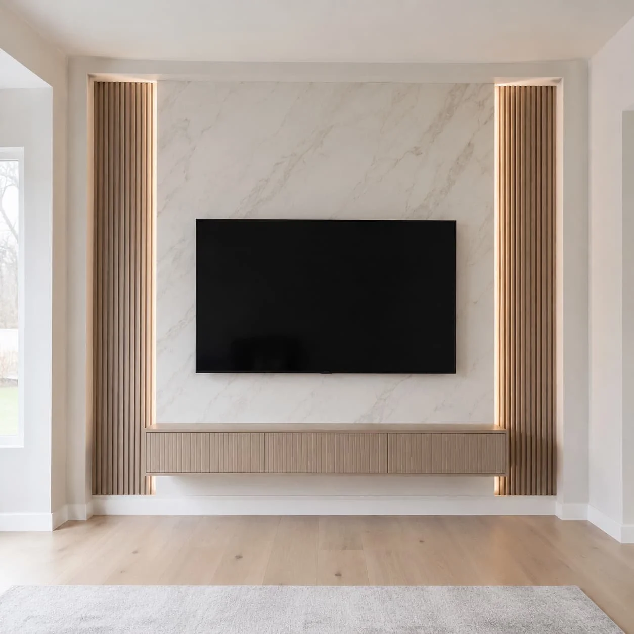 Custom TV feature wall with a marble-look center panel, side wood panels, subtle lighting, and a floating media console.