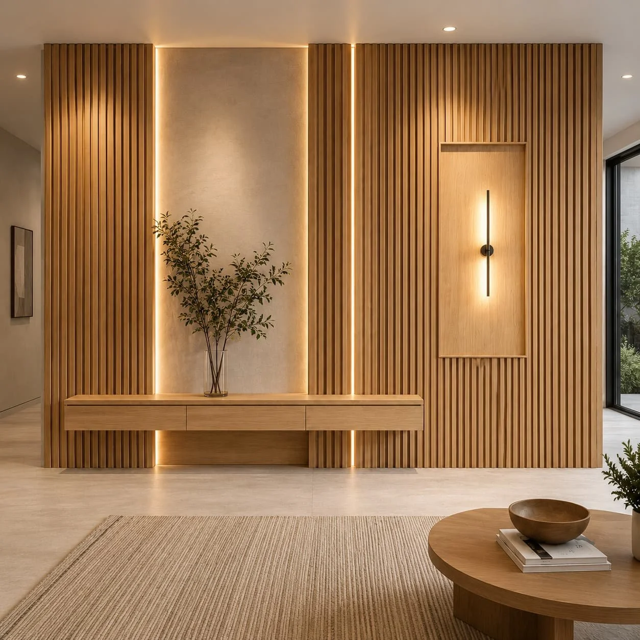 Premium custom wood slat wall with natural wood slats, layered panel details, warm lighting, and a modern high-end interior design.