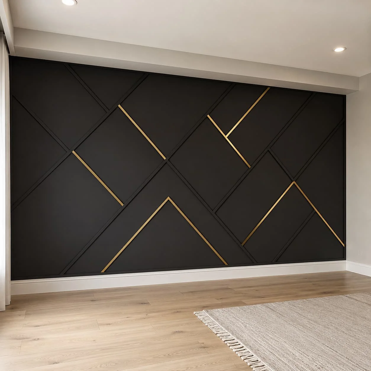 Premium black geometric accent wall with gold accent trim, modern angled pattern, light wood flooring, and a clean contemporary room.