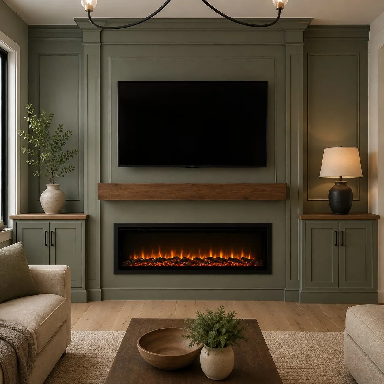 Built-in fireplace media wall with side accent panels, lower cabinets, warm lighting, wall-mounted TV, wood mantel, and electric fireplace.