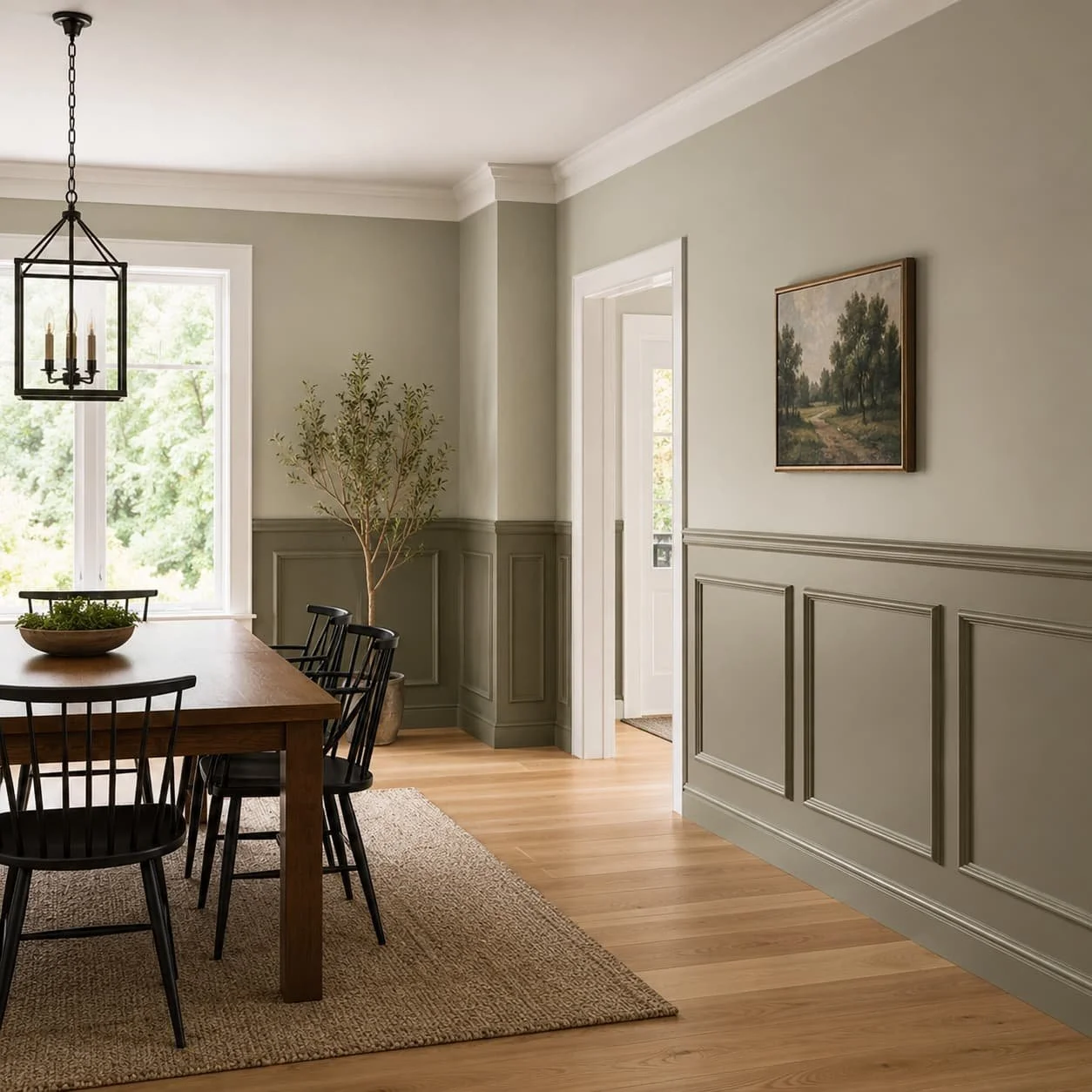 Dining room wainscoting with picture-frame wall panels, chair rail molding, soft olive paint, wood dining table, and classic trim details.