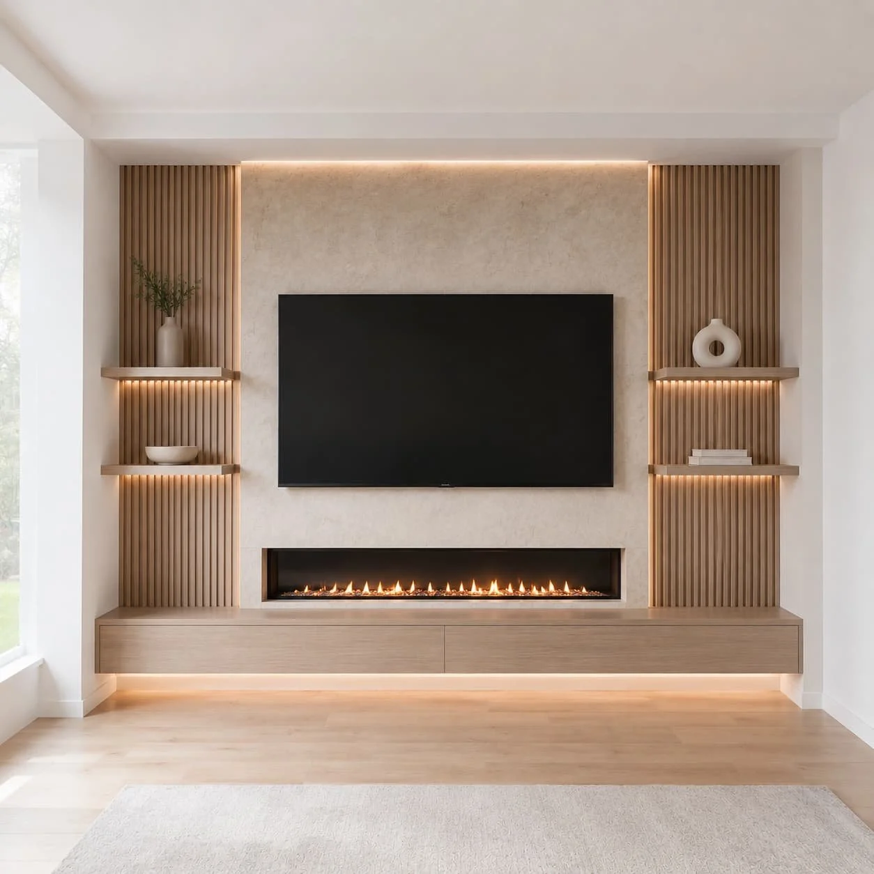 Premium media wall with wood slat panels, integrated lighting, floating shelves, TV area, and linear fireplace.