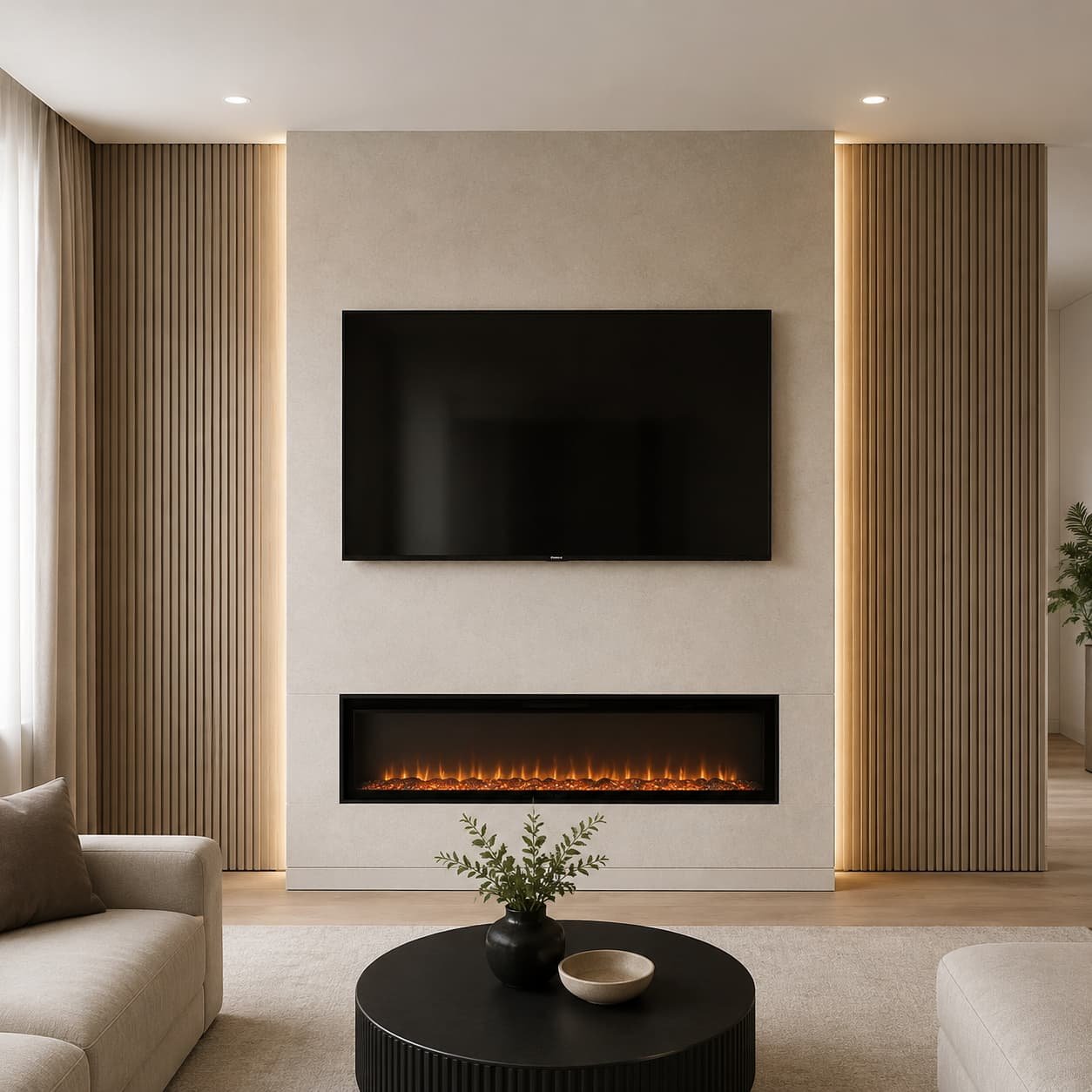 Modern electric fireplace wall with smooth stone-look panels, wall-mounted TV, floating mantel ledge, subtle lighting, and linear fireplace.
