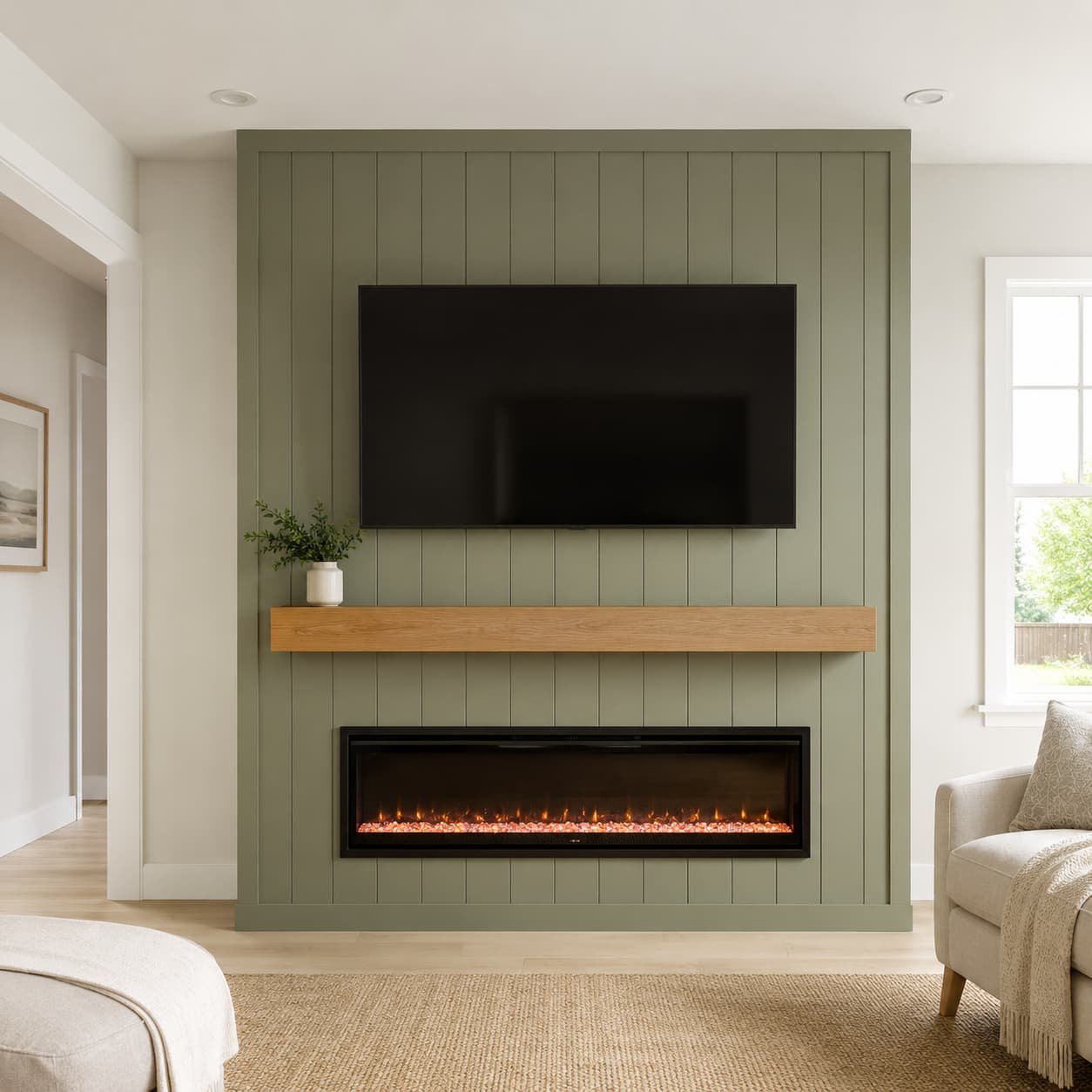 Electric fireplace media wall with muted green vertical shiplap, a wall-mounted TV, natural wood mantel, and linear fireplace.