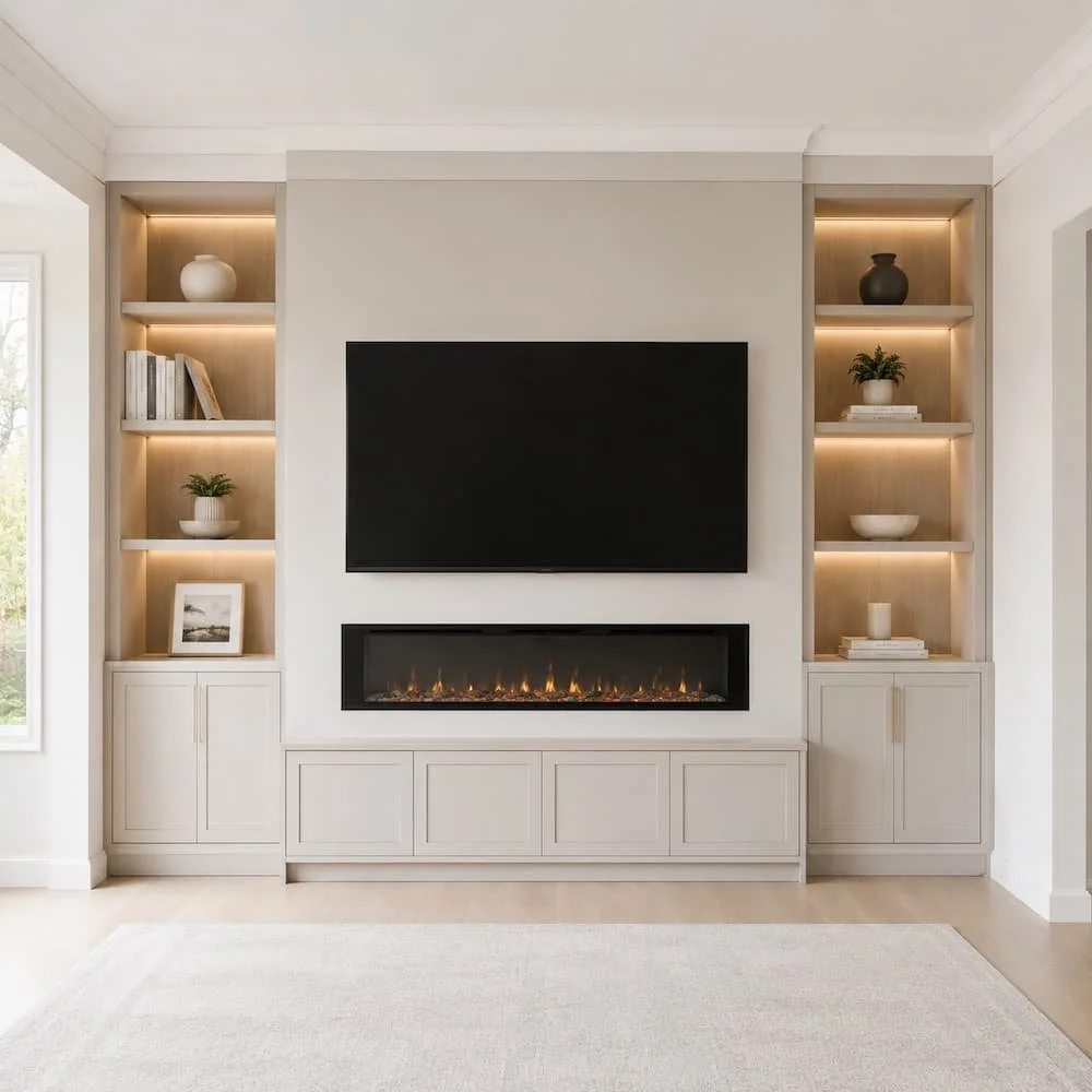 Custom built-in media wall with lower cabinets, side shelving, integrated lighting, TV area, and electric fireplace.