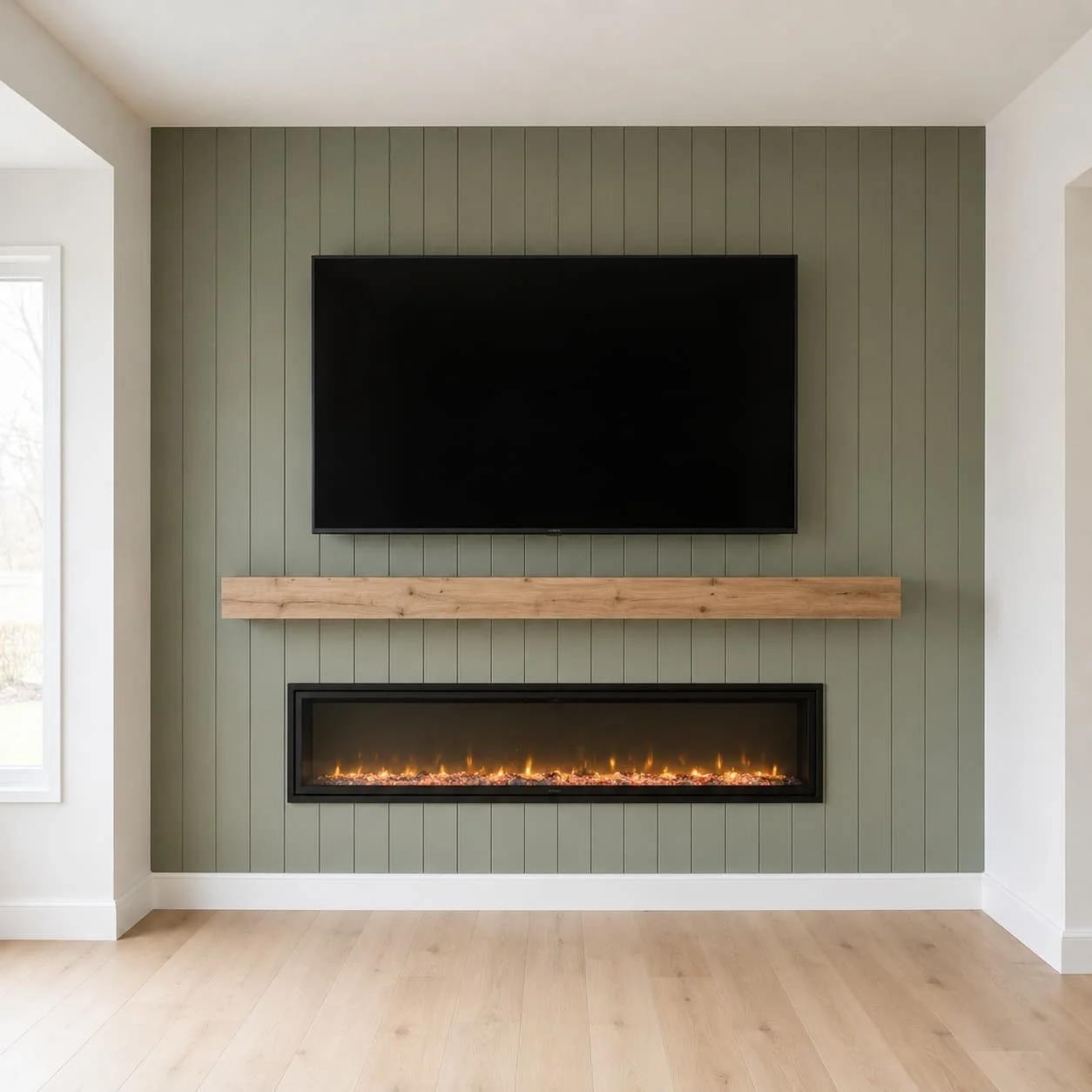 Electric fireplace media wall with vertical green shiplap, a wall-mounted TV, wood mantel, and linear fireplace.