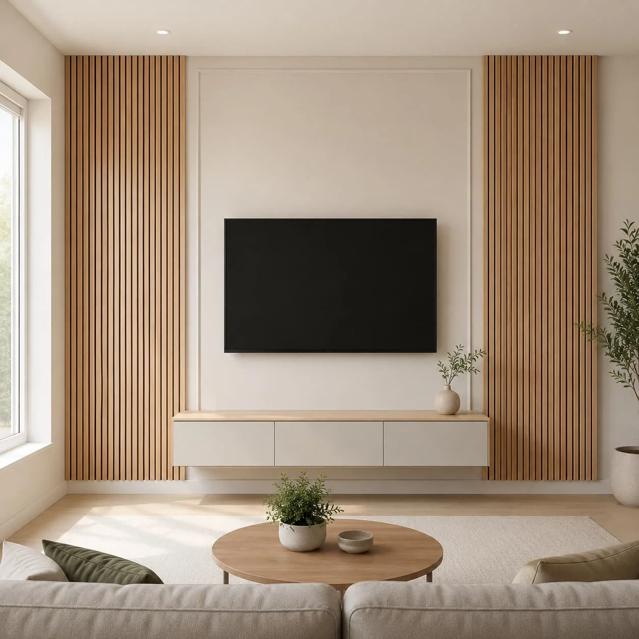 Natural wood slat feature wall in a bright living room with wood slat sections on both sides of a centered TV area and a clean modern layout.