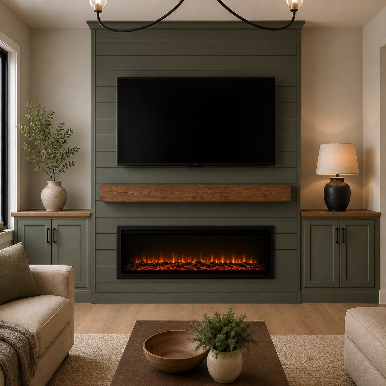 Built-in fireplace media wall with lower cabinets, wall-mounted TV, electric fireplace, wood mantel, and muted green painted finish.
