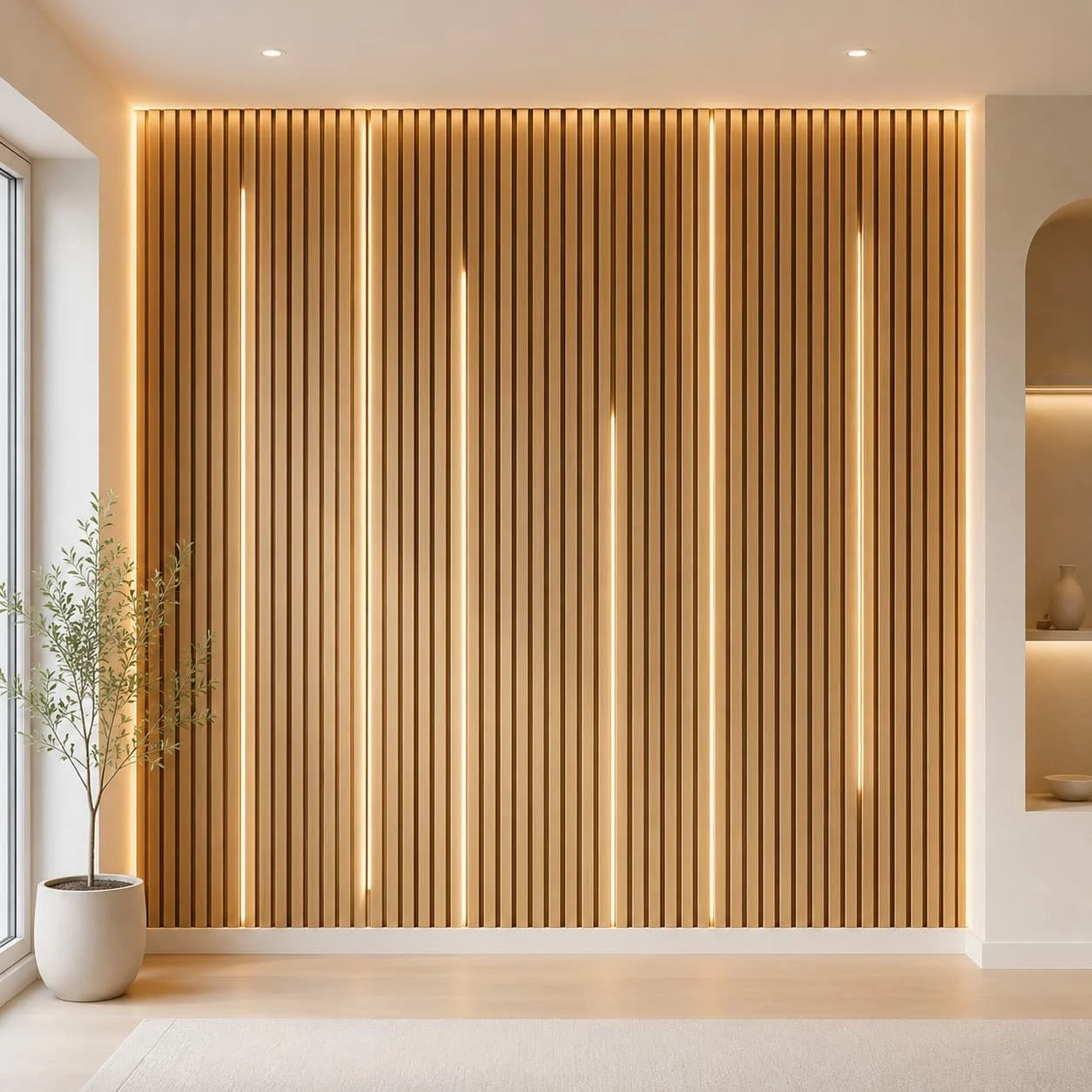 Wood slat accent wall with integrated warm LED lighting, natural wood finish, and a modern minimalist interior.