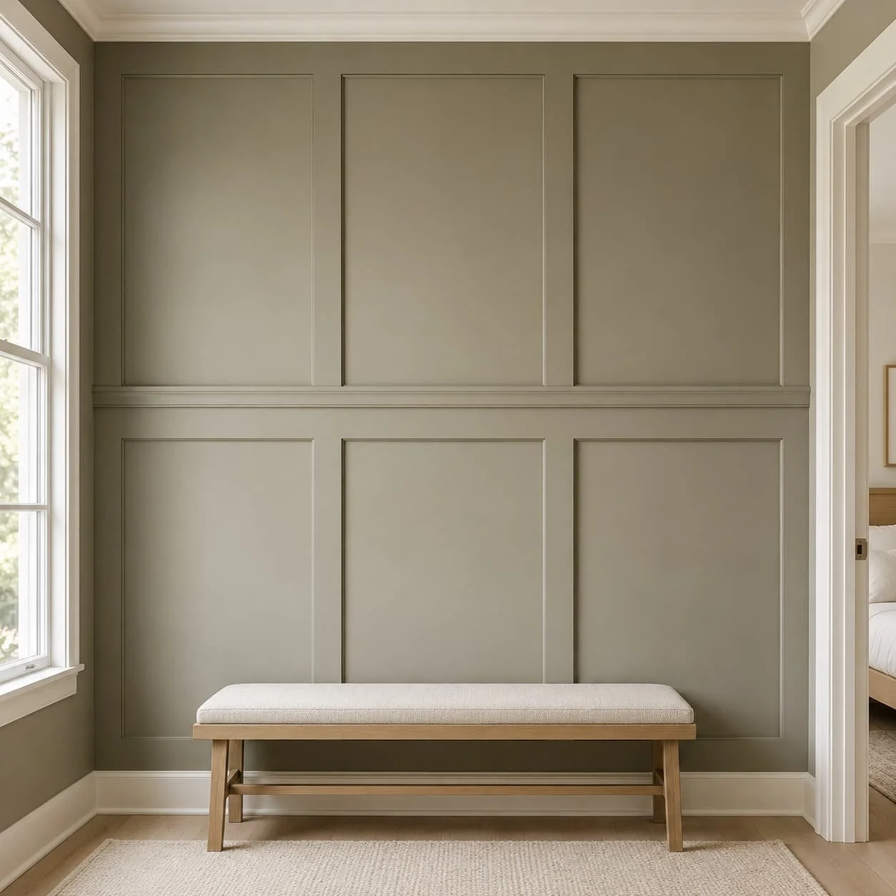 Custom board and batten feature wall with larger panel sections, a soft olive painted finish, and a cushioned wood bench.