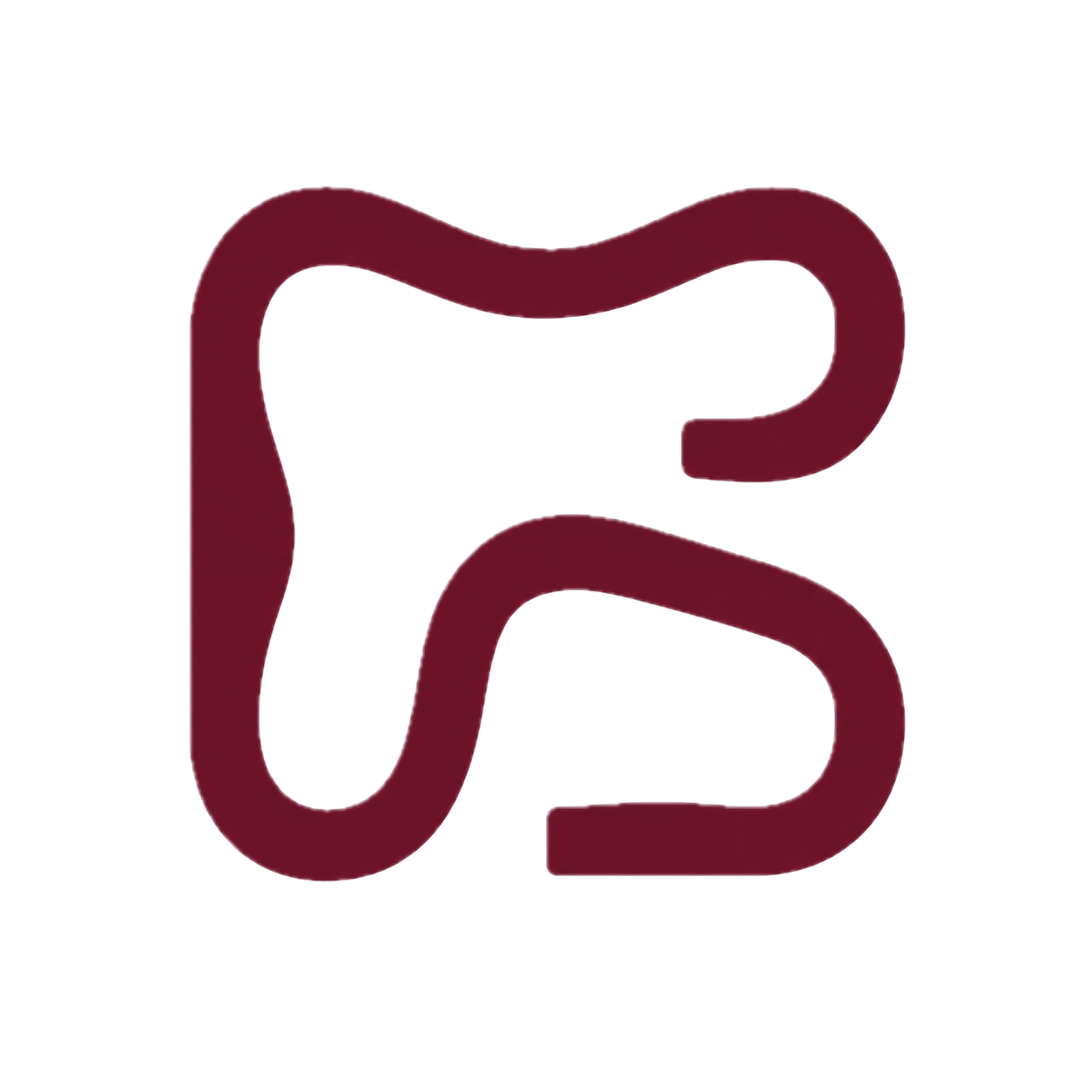 A stylized graphic of a tooth with two curved lines on either side, in a dark red or burgundy color, representing dental health or dentistry.