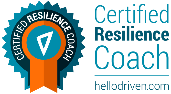 Badge with a blue ribbon and orange ribbon tail, reading "Certified Resilience Coach" and "Certified Resilience Coach" around a white check mark, with the website helloDriven.com