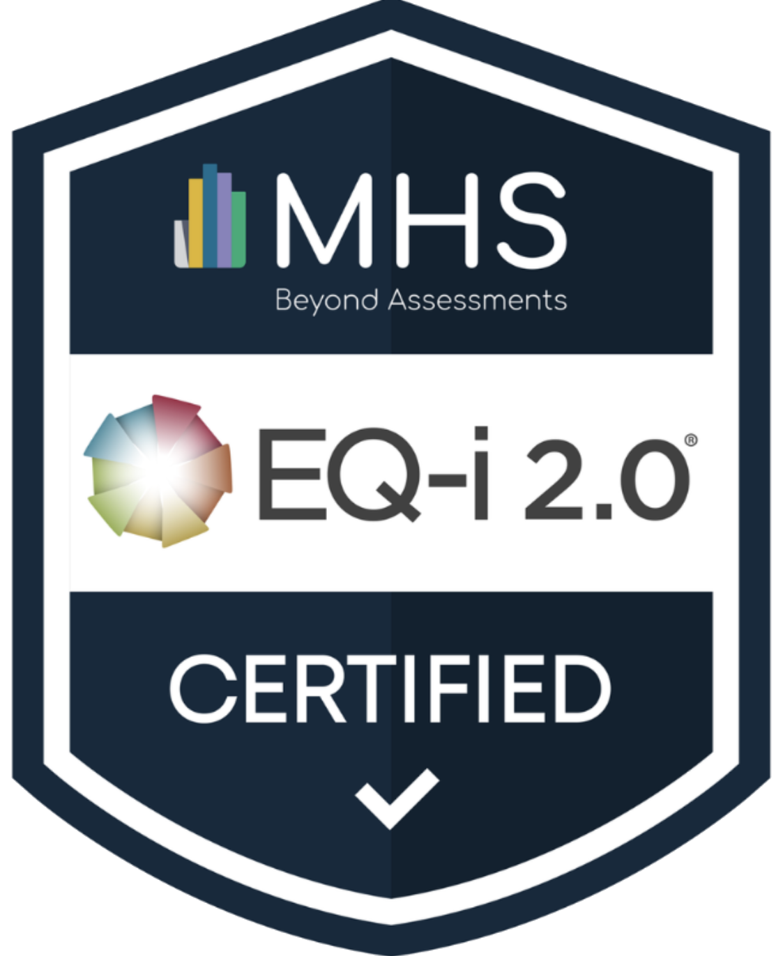 Badge with a dark blue background and white border, displaying the MHS logo, the text 'Beyond Assessments,' a multicolored circular graphic, 'EQ-i 2.0,' and 'CERTIFIED' at the bottom.