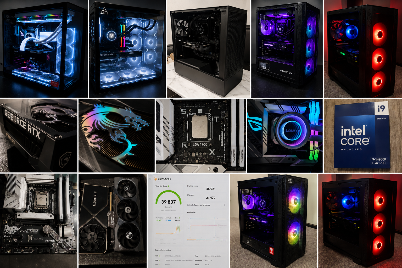 A collage of custom-built gaming and high-performance computers, including various computer components such as graphics cards, motherboards, CPUs, cooling systems, and a benchmark performance score.