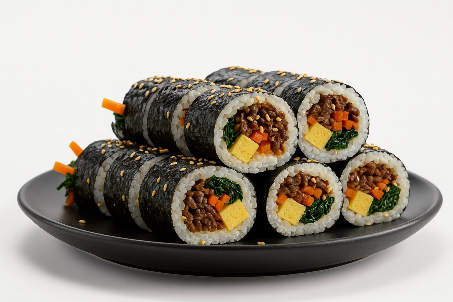 Close-up of six sushi rolls with seaweed wrapping, sesame seeds, and rice, filled with cooked ground meat, carrots, spinach, and egg, arranged on a black plate.