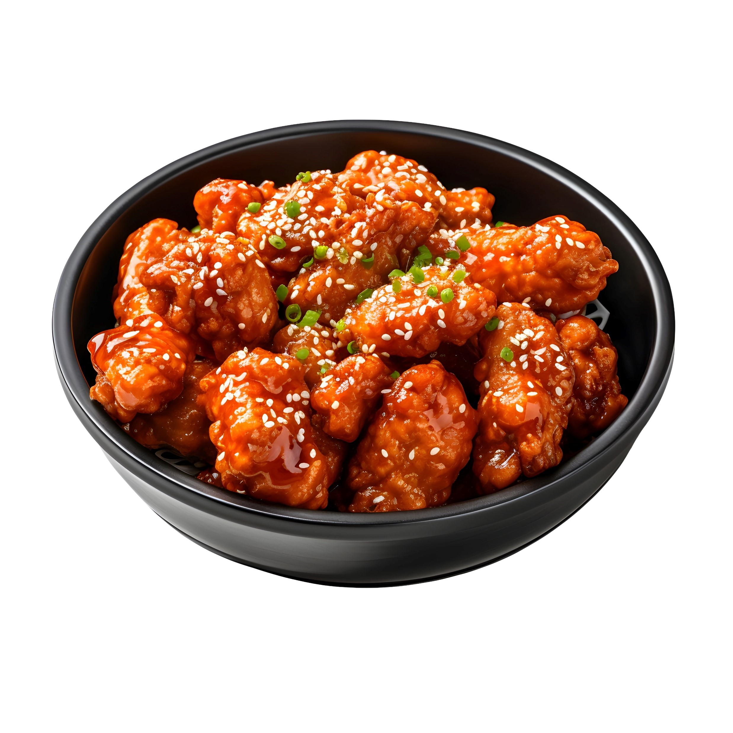 Close-up of a black bowl filled with spicy orange chicken garnished with sesame seeds and chopped green onions.