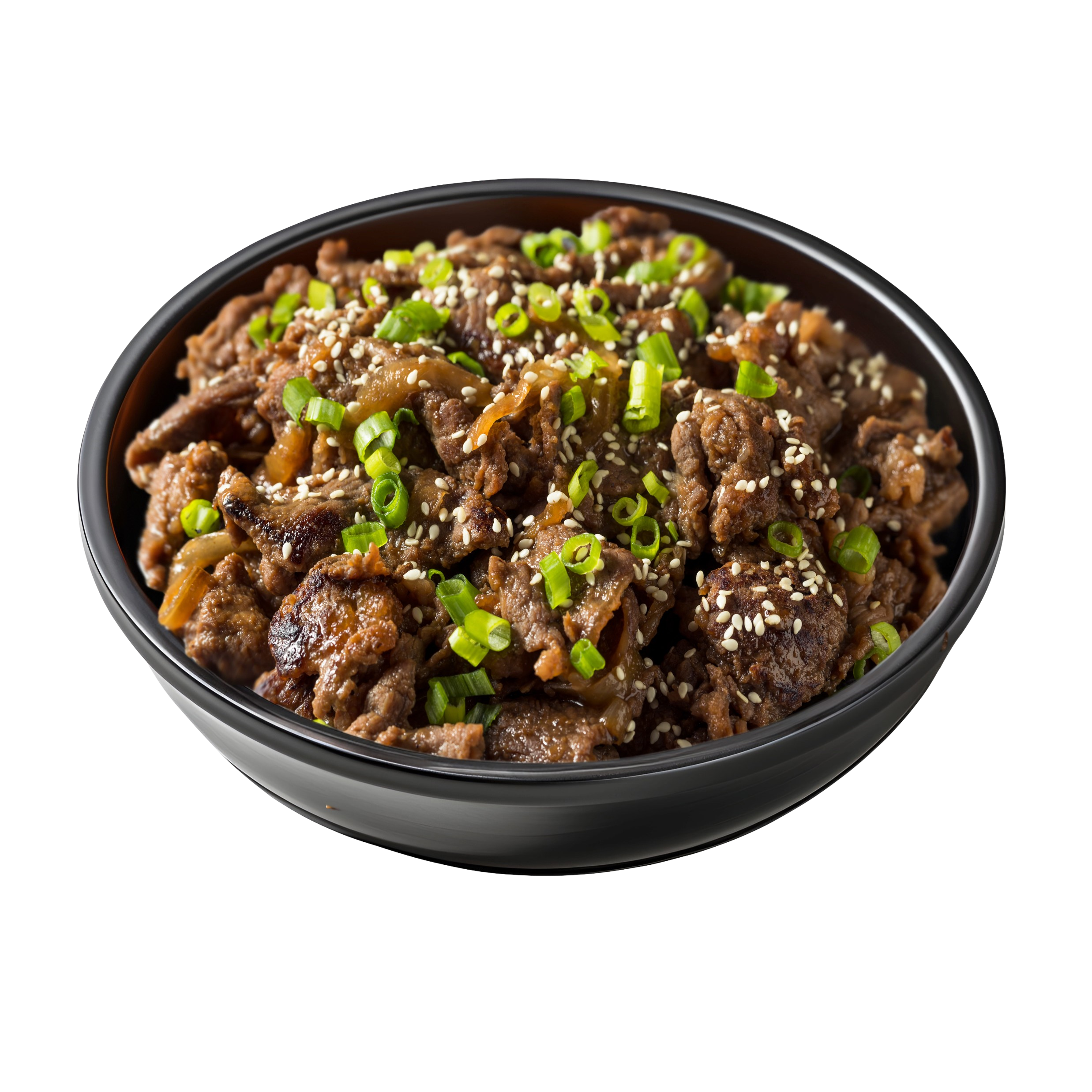 Close-up of a black bowl filled with cooked shredded beef garnished with chopped green onions and sprinkled with white sesame seeds.