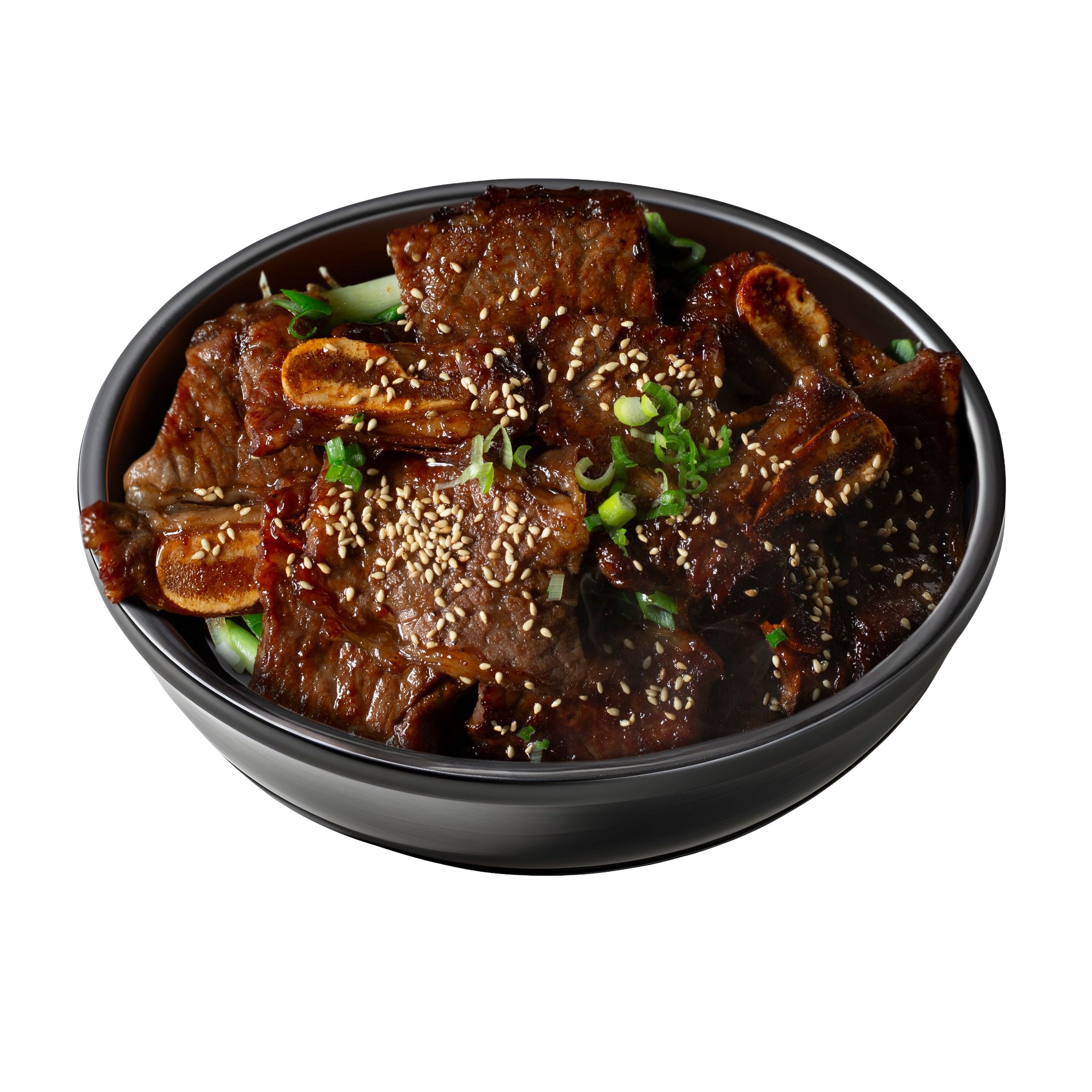A black bowl containing a serving of Korean-style beef stew garnished with chopped green onions and sesame seeds.