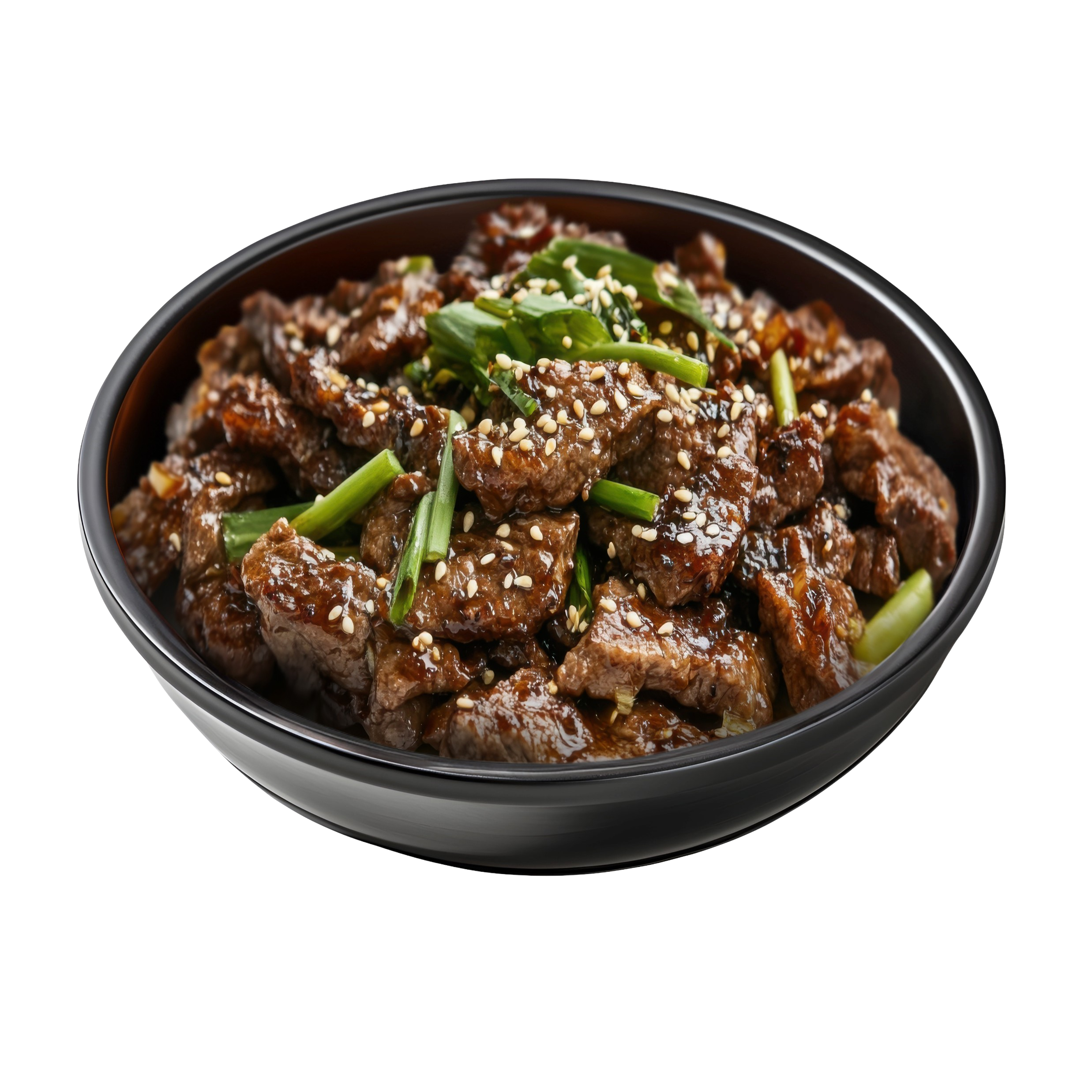 A bowl filled with beef stew garnished with green onions and sprinkled with sesame seeds.