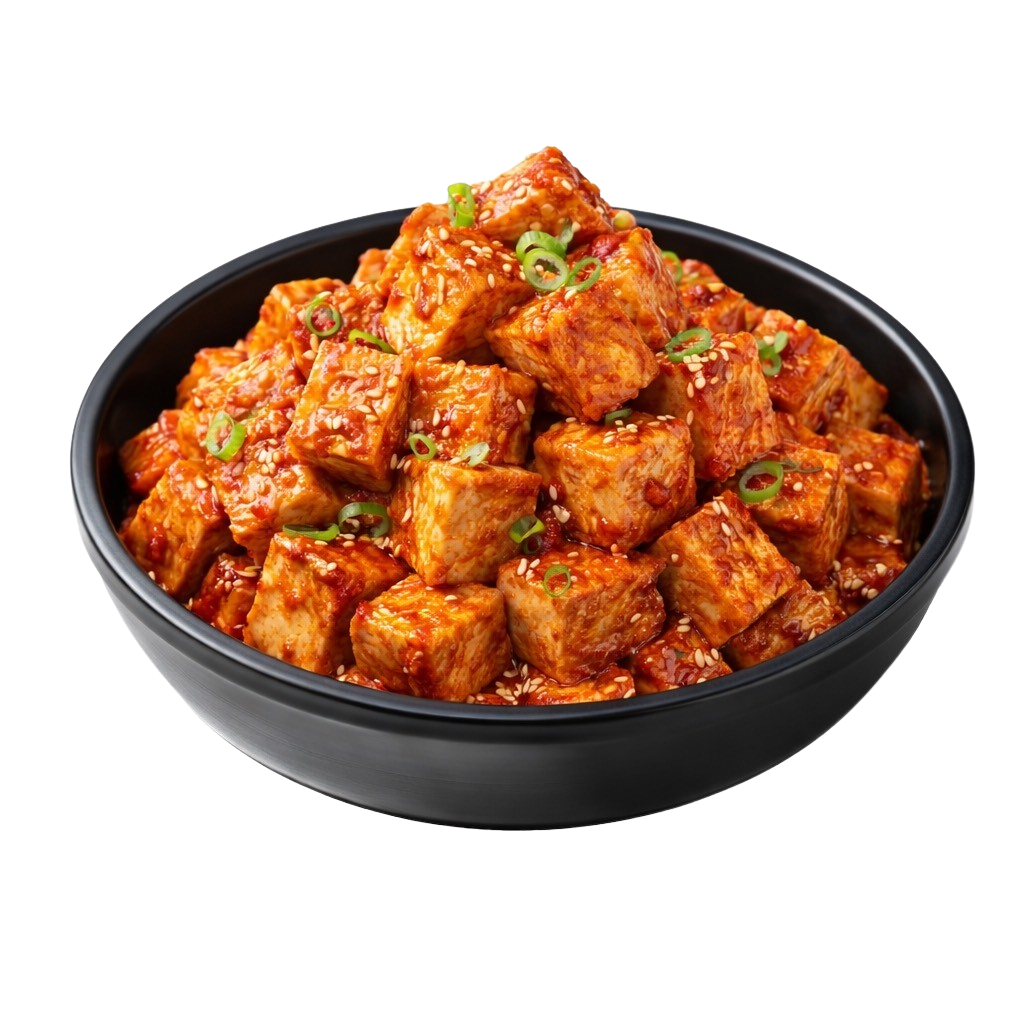 A black bowl filled with spicy Korean-style diced chicken, garnished with sliced green onions and sesame seeds.