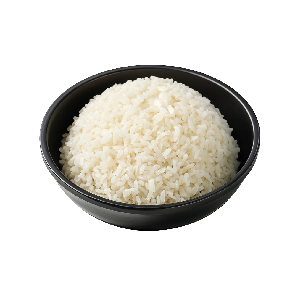 Bowl of cooked white rice in a black bowl.