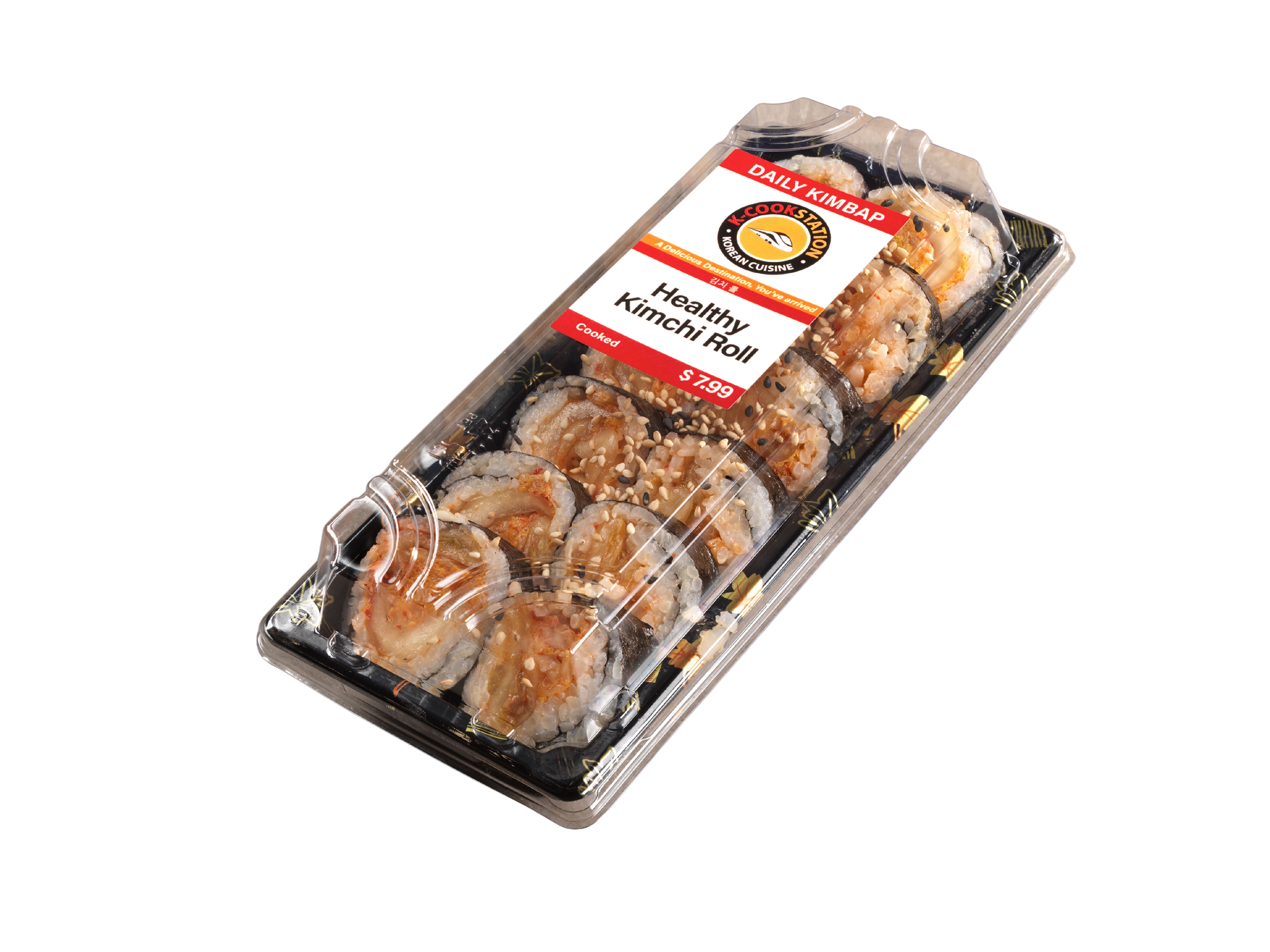 Package of healthy kimchi roll sushi labeled as "Daily Kimbag" with price $7.99.