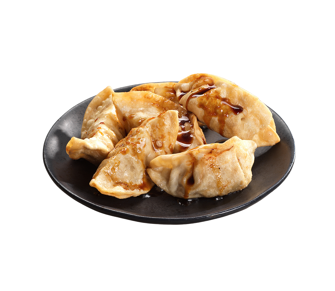 Plate of five fried wontons drizzled with sauce on black dish.