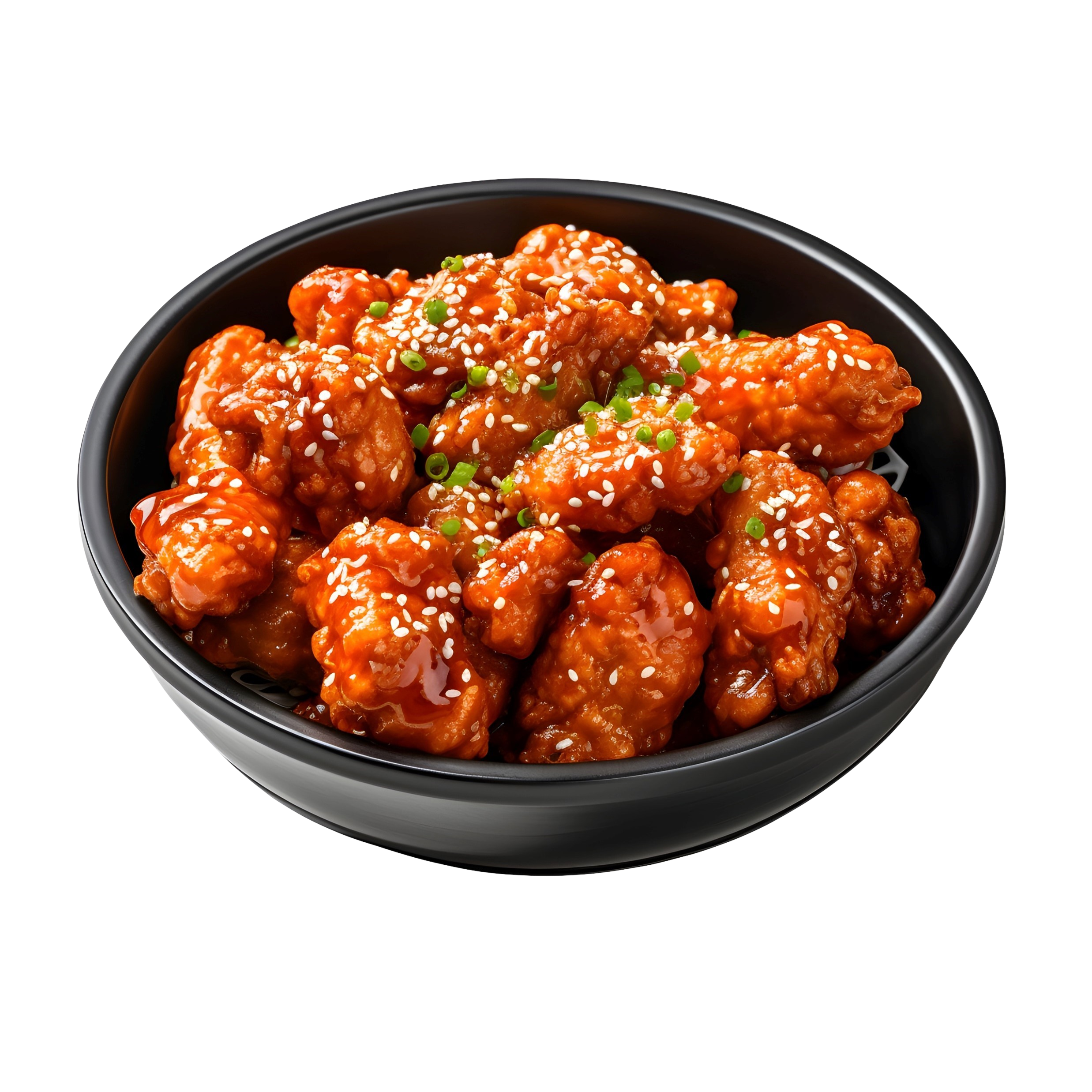 Close-up of a black bowl filled with orange glazed chicken chunks garnished with sesame seeds and chopped green onions.